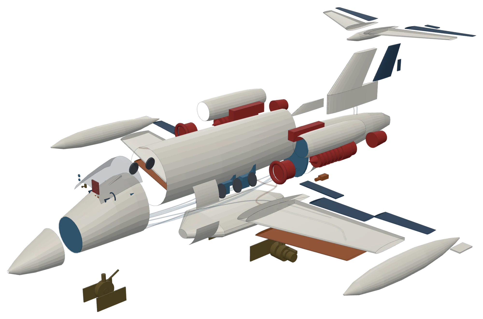 Exploded view of the Learjet 24 training model from the Aircraft Atlas: nose, cabin shell, wings, tip tanks, engine nacelles and T-tail drawn apart, with the systems in colour