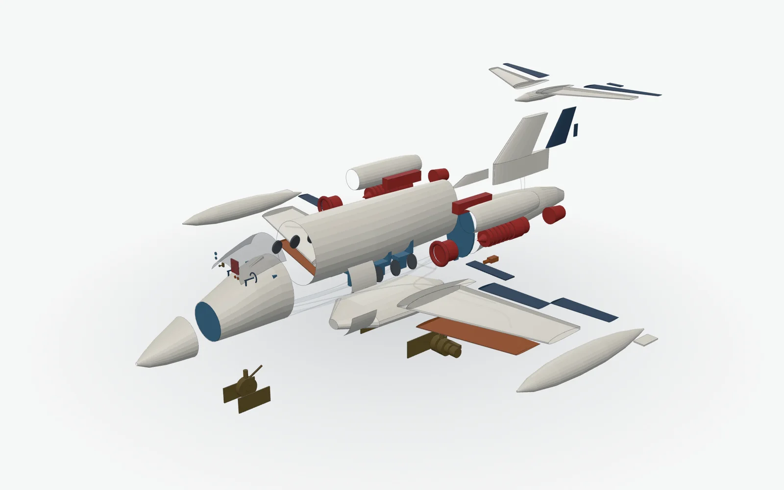 Exploded view of the Learjet 24 training model: nose, cabin shell, wings, tip tanks, engine nacelles and T-tail spread apart in mid-air