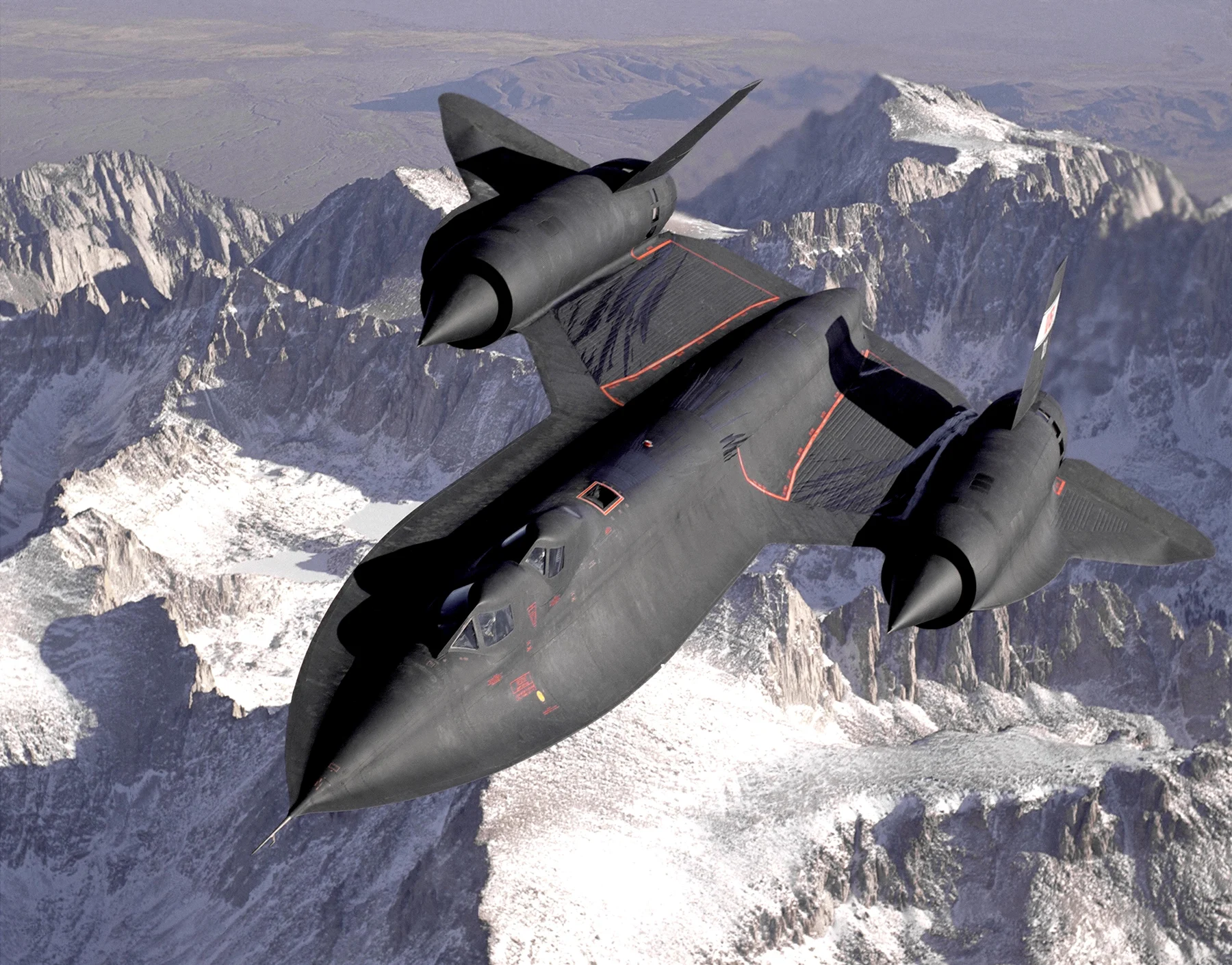 NASA SR-71B trainer in flight over the Sierra Nevada
